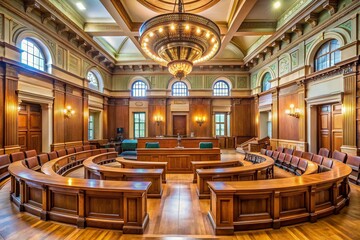 Obraz premium The Interior of a Courtroom Featuring Wooden Benches, Judge's Bench, and Gallery with Copy Space for Legal Text and Documents