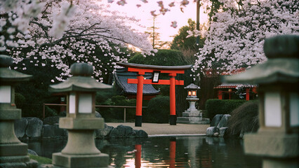 A tranquil Japanese shrine surrounded by cherry blossoms in full bloom, creating a serene and picturesque scene.