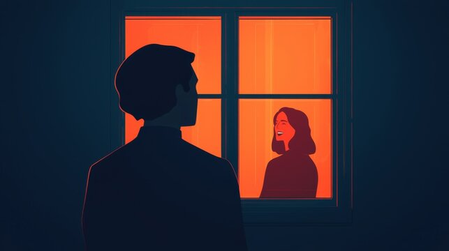 A man watches his ex-lover smile happily with another person from the window