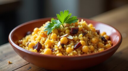 A vibrant bowl of Israeli couscous salad, garnished with fresh parsley, almonds, and raisins, captures a delicious fusion of flavors and textures
