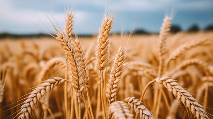 Golden wheat stalks in a ripe field, ready for harvest.