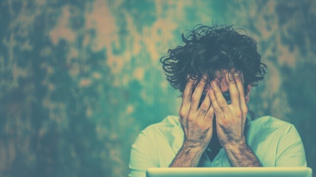 In a cluttered office space, a frustrated man covers his face with his hands, overwhelmed by his laptop work during the day