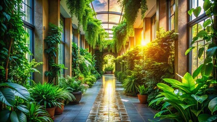 Fototapeta premium Tranquil Nature Inside a Building: Low Light Photography of a Serene Corridor Adorned with Lush Foliage and Natural Elements, Creating a Harmonious Indoor Oasis