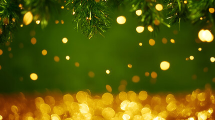 Festive Green Background With Golden Lights And Pine Branches
