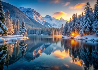 Obraz premium Tranquil Snowy Landscape with a Serene Lake Encircled by Majestic Mountains and Lush Forests at Dusk, Captured in Low Light Photography for a Dreamlike Atmosphere