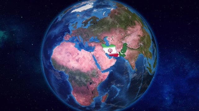 Earth Zooming on Iran And Pakistan Highlighted with their Flags