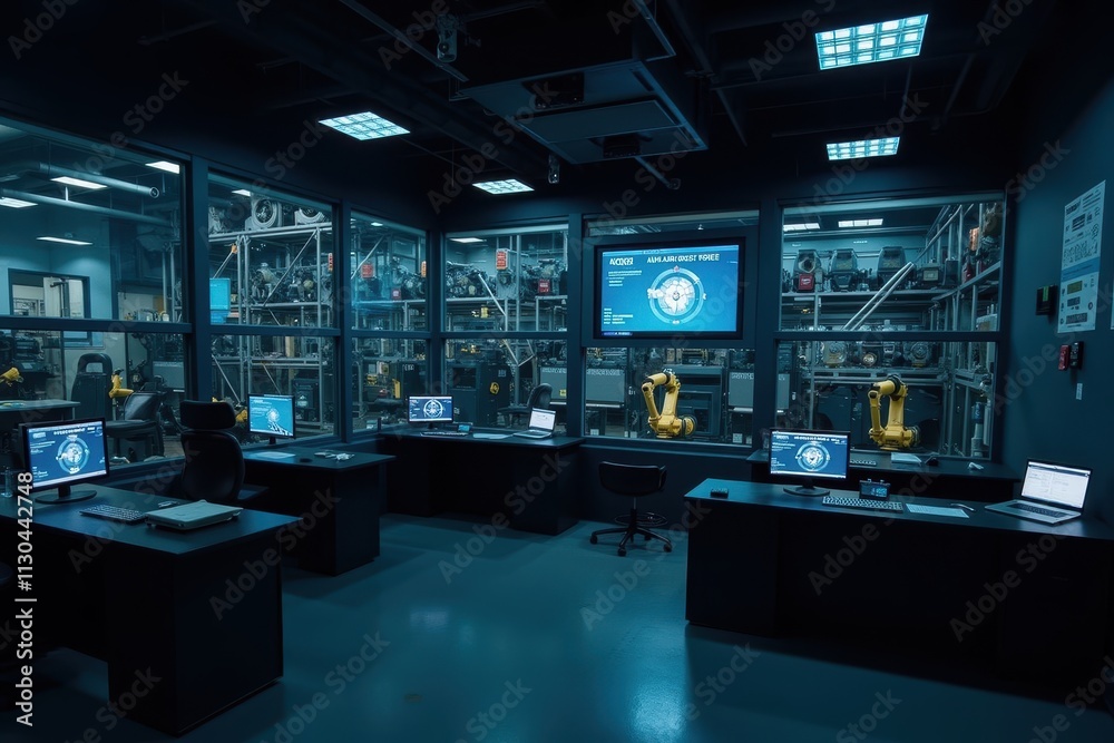 Poster high-tech industrial control room with advanced robotics and computer workstations for automation an