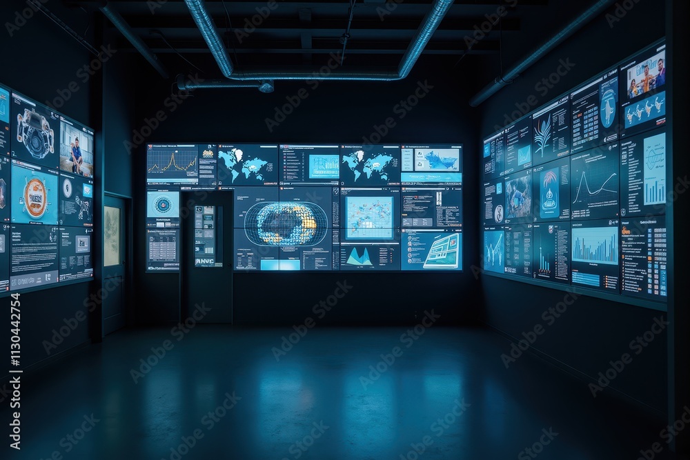 Poster industrial control room with high-tech digital screens displaying data analytics, graphs, and global