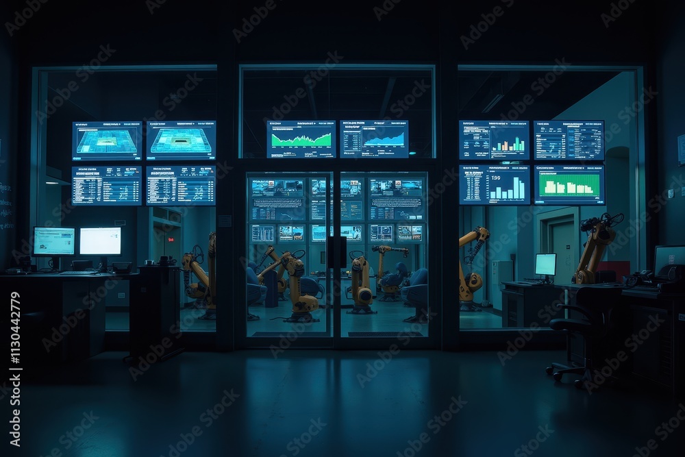 Poster modern industrial control room with robotic arms and multiple digital screens displaying data and an