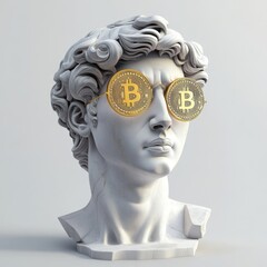 Head of Apollo wearing sunglasses with a drawn Bitcoin symbol.