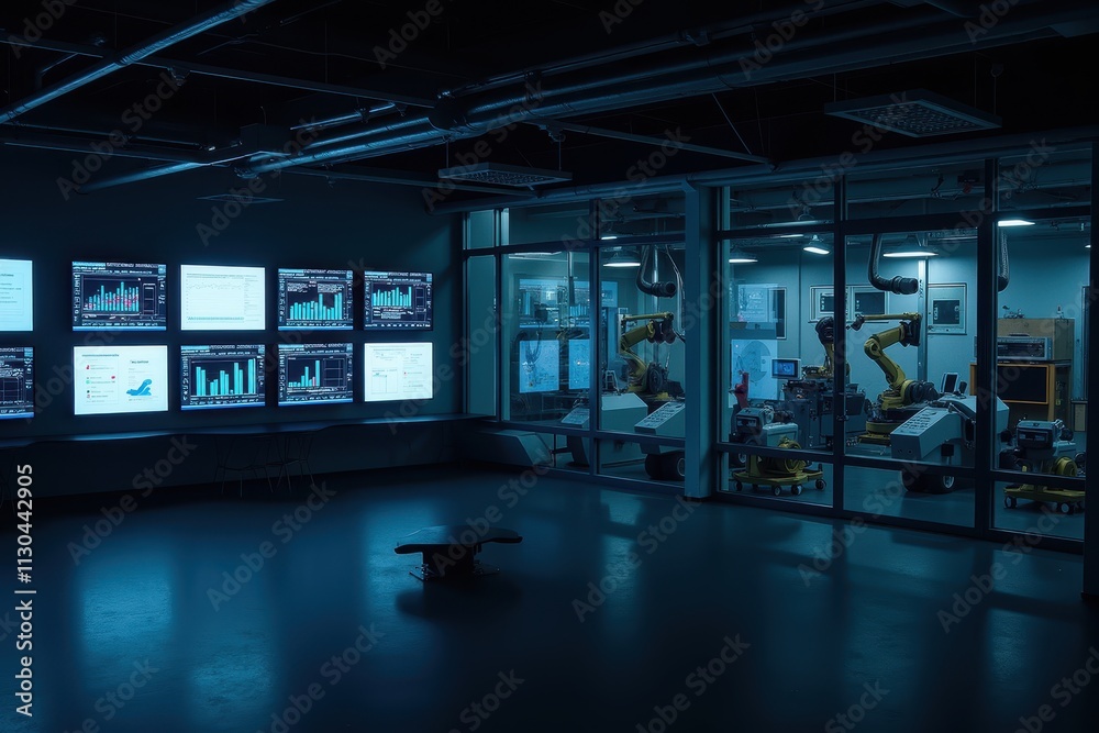Poster advanced industrial control room with robotic arms and digital displays for monitoring data and perf