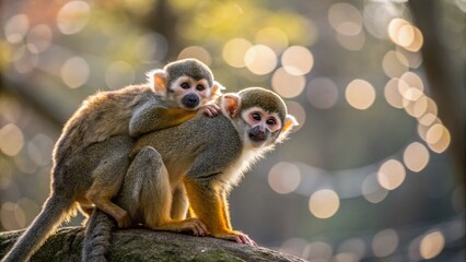 Obraz premium Two Playful Saimiri Monkeys Posing for the Camera in a Zoo Setting with Bokeh Effect, Capturing Their Cute Expressions and Playful Nature in Monkey Land Excursion