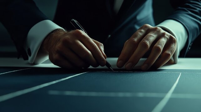 A close-up of expert hands of a craftman in tailoring attire, using a pen to outline the pattern on navy blue fabric for a suit creation