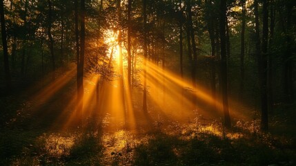 Sunbeams shining through a forest with a golden glow