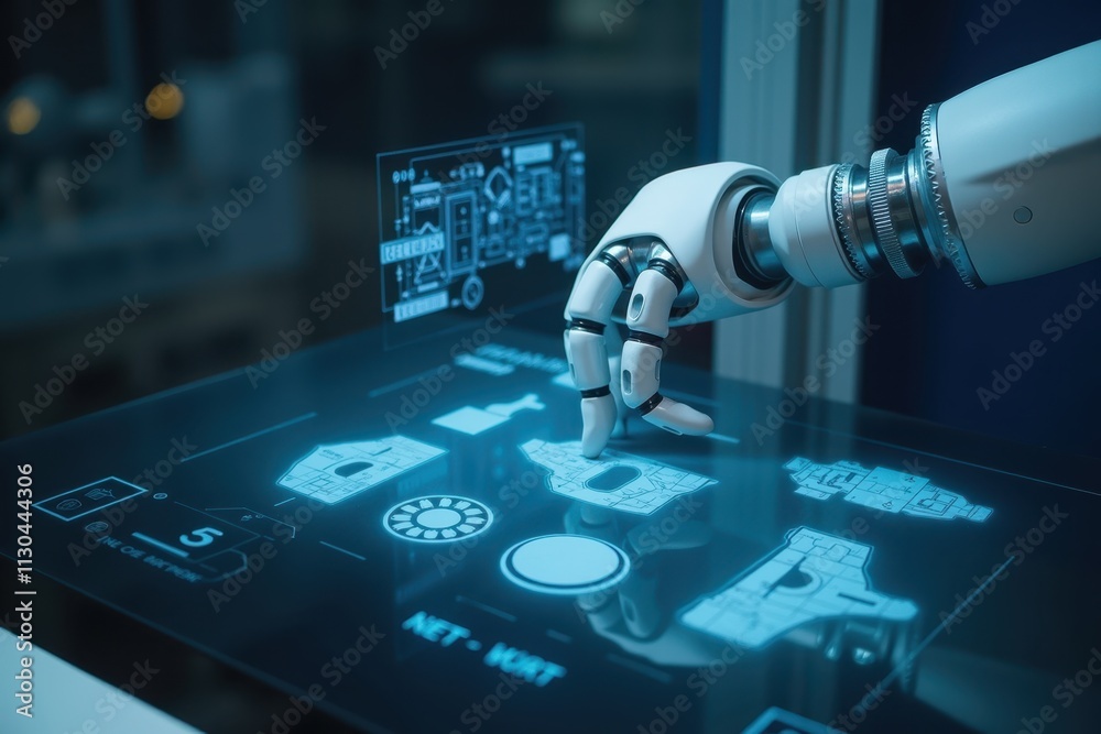 Poster holographic control interface featuring robot arm engaging with futuristic digital display and techn