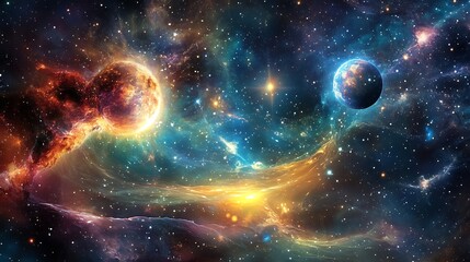 Obraz premium Celestial Dance: Fiery Planet and Earth-like Planet within a Vibrant Nebula