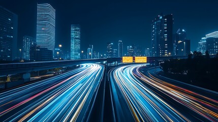 Fototapeta premium A city highway at night, with light trails from cars and trucks, and tall buildings in the background.