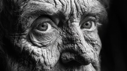 Close-up of a black-and-white portrait of an elderly face with deep lines
