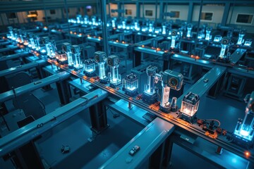 Aerial View of an Advanced Factory Production Line with Illuminated Robotic Arms Performing Tasks in a Modern Industrial Environment