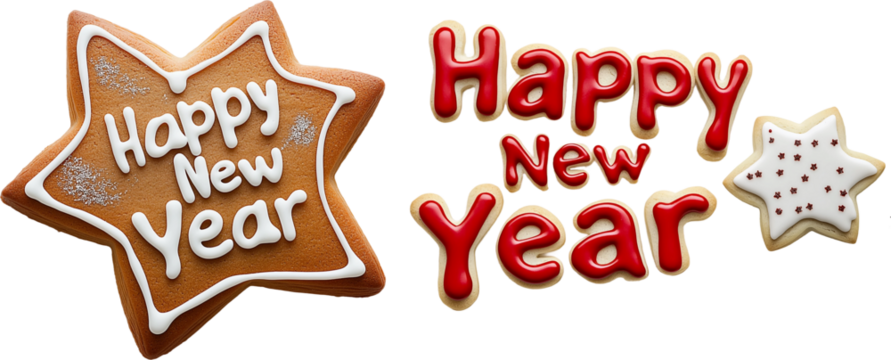 set of "Happy New Year" festive cookies isolated on white background.