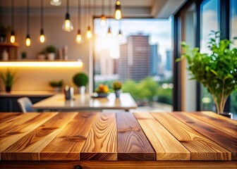 Fototapeta premium Urban Exploration Photography: Wooden Table Top with Blurred Modern Home Interior, Perfect for Empty Space to Showcase Products or Create a Cozy Atmosphere