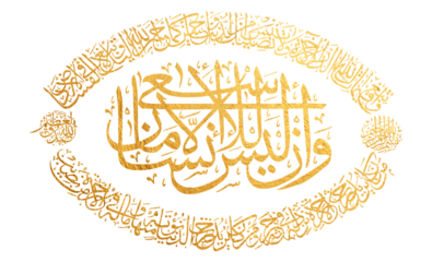 Calligraphy of Kalima tayyba on white background in golden color
