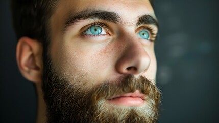 Obraz premium A young man with brown hair and blue eyes looks directly at the camera.