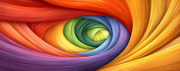 Naklejka premium Vibrant Rainbow Swirl, Abstract Colorful Threads Intertwine Dynamically, Creating a Mesmerizing Vortex of Hues.