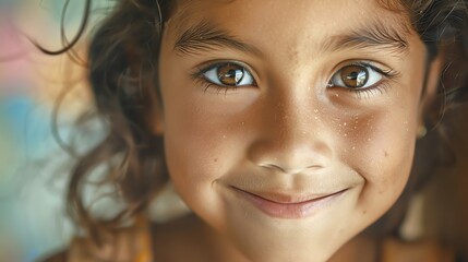 Fototapeta premium A young girl with brown hair and brown eyes smiles slightly at the camera.