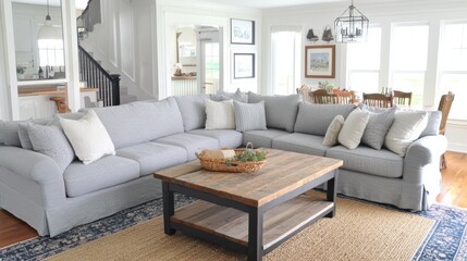 Fototapeta premium Spacious Farmhouse Living Room with Gray Sectional Sofa and Rustic Coffee Table
