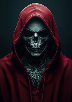 Un homme avec des tatouages portant un masque de cr&acirc;ne mal&eacute;fique v&ecirc;tu d'une veste &agrave; capuche rouge, style art num&eacute;rique, fond sombre.