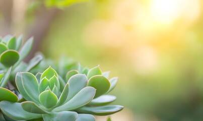 Close-up of green succulent plants with blurred bokeh background, Generative AI