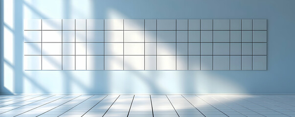 Obraz premium Sunlit Minimalist Room, White Tiles & Blue Walls, Modern Interior Design, Clean Lines, Empty Space, Light and Shadow, Architectural Visualization