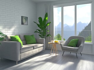 Fototapeta premium Modern living room with large window and mountain view in daylight