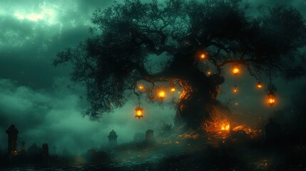 Fototapeta premium Enigmatic glowing tree in a misty graveyard at night.