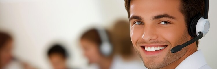 Fototapeta premium Smiling Call Center Agent with Headset in Busy Office Environment