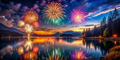 Fototapeta premium Vibrant Fireworks Illuminate the Night Sky Over a Serene Landscape, Captivating Viewers with Colorful Explosions and a Majestic Display of Light and Colorful Reflections