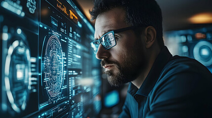 Cybersecurity Analyst Examining Digital Data Streams, intensely monitoring system performance for...