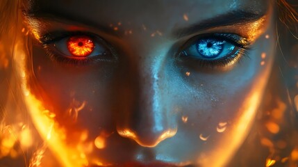 Naklejka premium A woman's face with blue eyes and red eyes