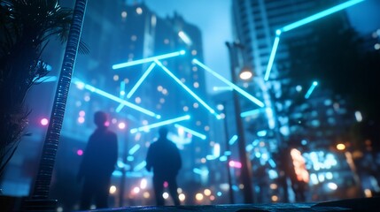 Obraz premium Futuristic city street at night with glowing neon lines and silhouettes of people walking.