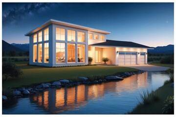 Obraz premium Modern house illuminated at night, beside a calm stream.