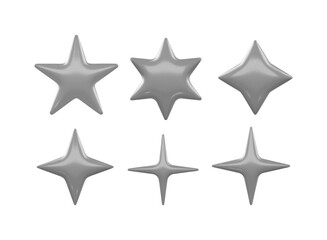 Fototapeta premium 3d Grey Desaturated Glossy Stars Set Different Shapes Shiny Plastic Icons Realistic Vector Isolated
