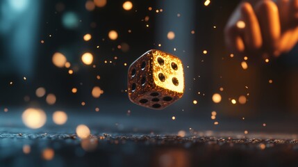 A dice flying towards the lens behind which we see a blurred outstretched hand that has just thrown the dice.