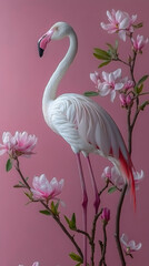 Naklejka premium Elegant Flamingo Amidst Blooming Magnolia Branches on Pink