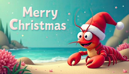 Fototapeta premium Cartoon Lobster in a Santa hat with ocean background and Merry Christmas greeting.