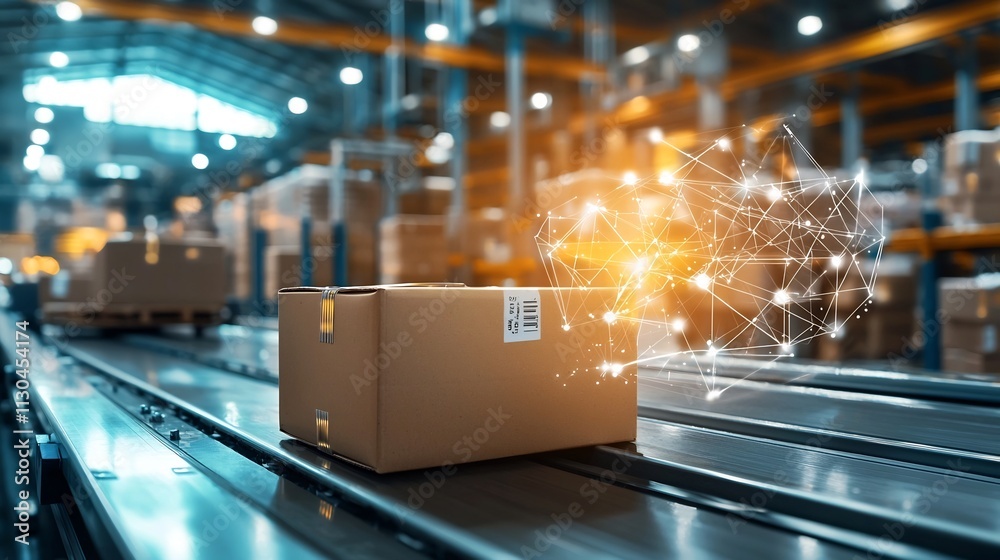 Poster a photograph of rfid tags attached to packages in a logistics hub with digital overlays visualizing 