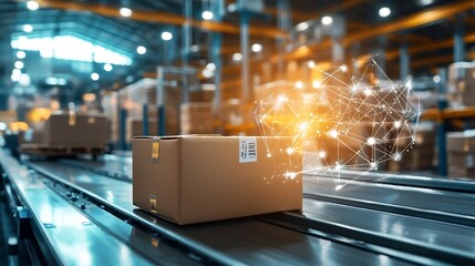 A photograph of RFID tags attached to packages in a logistics hub with digital overlays visualizing the network of tracking data leaving copy space on the left for text or design elements