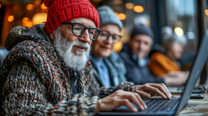 Obraz premium Senior Man in Knitwear Uses Laptop in Cafe, Sharing Moments with Friends, Enjoying Autumn Day