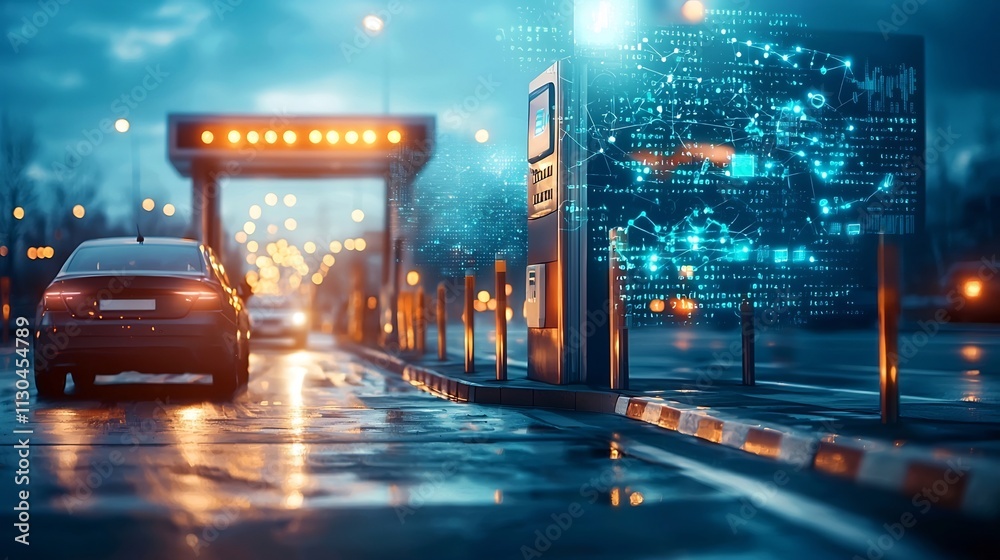 Poster photograph of a vehicle passing through an rfid enabled toll gate with digital network overlays repr