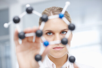 Scientist, laboratory or woman with molecule structure for theory testing or behavior of atom....
